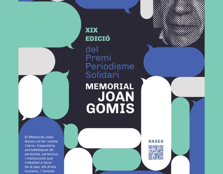 Cartell de la nova edició del Premi, amb bafarades de colors i un retrat de Joan Gomis