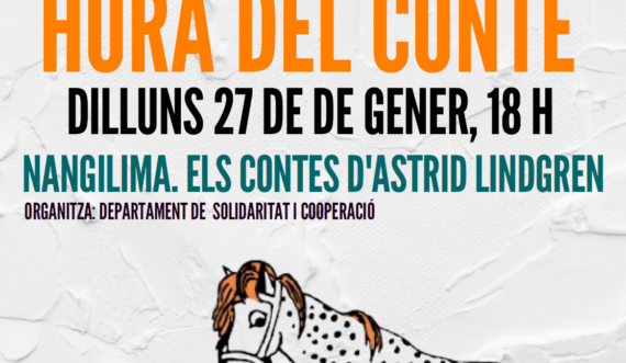 Cartell amb el títol de l'activitat i el conte que es llegirà, i a sota un caball blanc