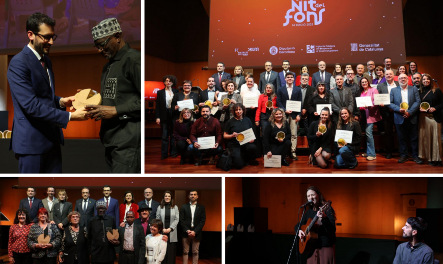 Collage amb imatges de diferents moments de l'acte: el president entregant el premi a Seydou Wane, foto de grup davant de l'escenari amb tots els representants d'ajuntaments guardonats, i els músics tocant la guitarra i el teclat