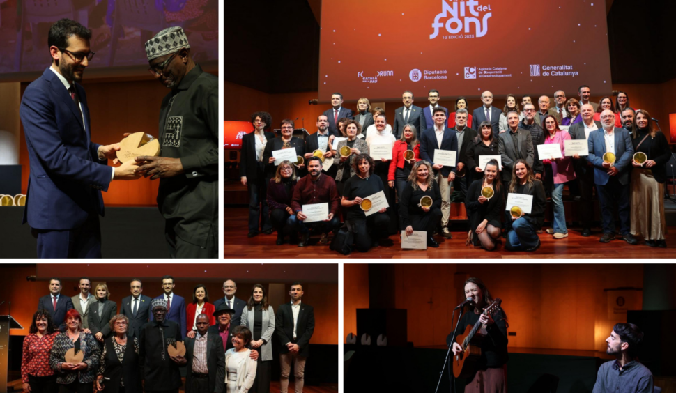 Collage amb imatges de diferents moments de l'acte: el president entregant el premi a Seydou Wane, foto de grup davant de l'escenari amb tots els representants d'ajuntaments guardonats, i els músics tocant la guitarra i el teclat